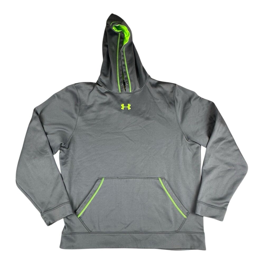Under Armour Gray Lime Green Loose Fit Pullover Hoodie Mens Size MEDIUM